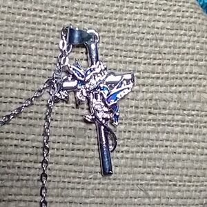 Silvertone blue enamel dove cross Christian Catholic necklace